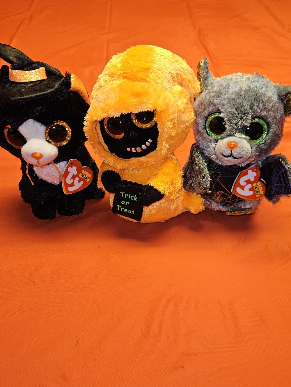 TY Halloween Beanie Boo Plushies Witchie Black Cat, Vlad The Bat, & Grinner 7,"